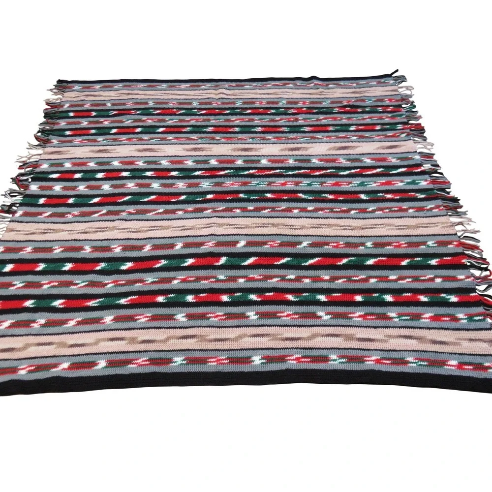 Handmade Crochet Southwestern Style‎ Throw Afghan Red Green Black Fringed Boho